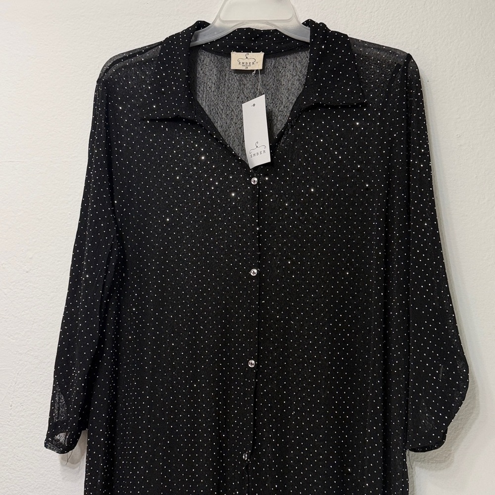 Black Mesh Overlay Tunic Dress Studded Rhinestone Button-Up Dress. - Picture 6 of 9